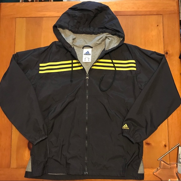 ADIDAS Black, Yellow Trim, Fabric Lined Full Zip Windbreaker Hooded Track Jacket - Picture 7 of 12